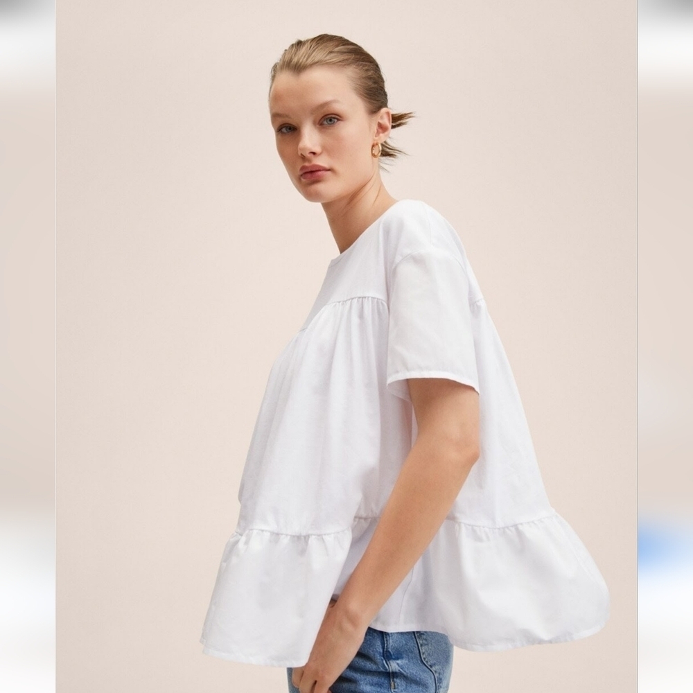 Mango MNG Frills White Tiered Cotton Tshirt